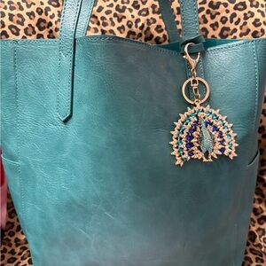 JoyLab Teal Tote Bag with Peacock Charm